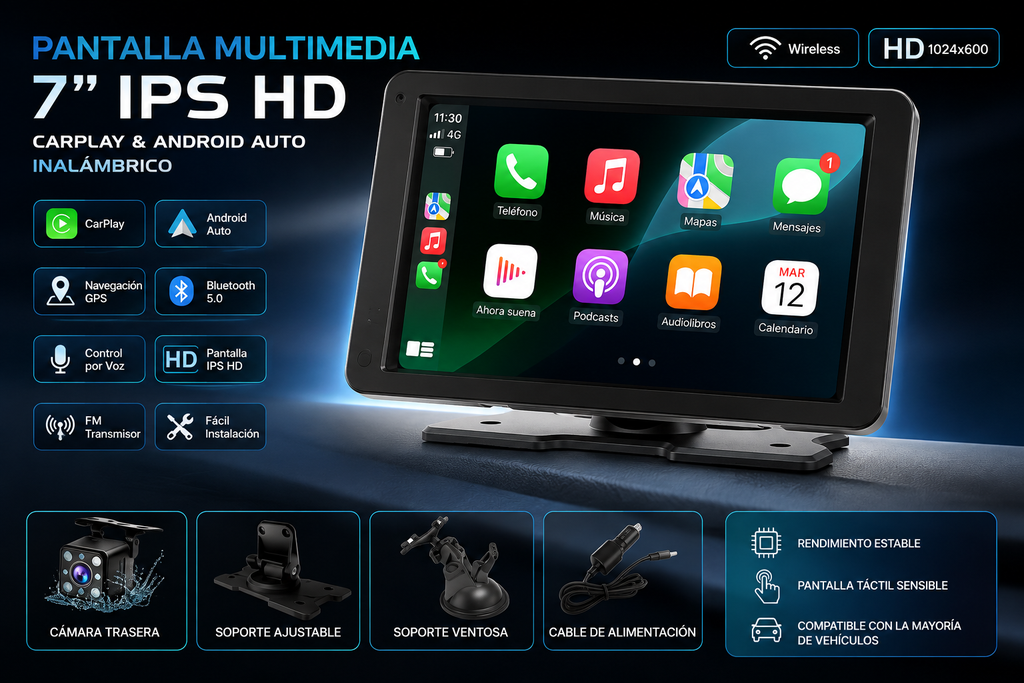 Pantalla Multimedia Universal Portátil de 7" IPS HD con Apple CarPlay y Android Auto Inalámbricos para iPhone y Android